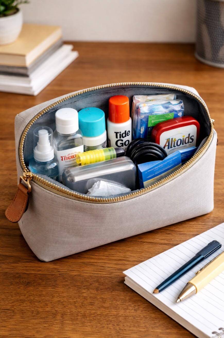 A gray zippered pouch sits on a desk, unzipped and filled with assorted items like a Tide pen, Altoids tin, spray bottles, tissues, earbuds, and small containers. Pens and a notebook are nearby.