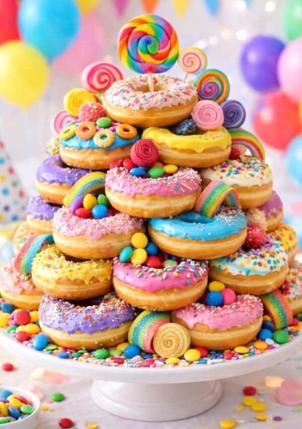 A colorful donut tower decorated with icing, rainbow candies, sprinkles, lollipops, and party decorations. The background shows balloons, confetti, and blurred party lights, creating a festive atmosphere.