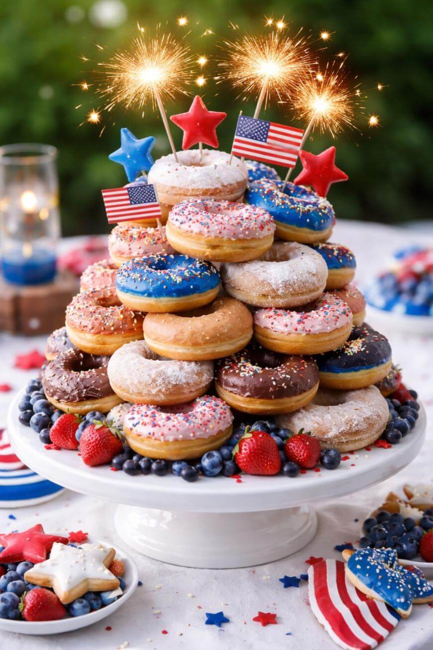 A tiered donut cake decorated with red, white, and blue icing, sprinkles, sparklers, American flags, and star toppers, surrounded by strawberries and blueberries on a white cake stand.
