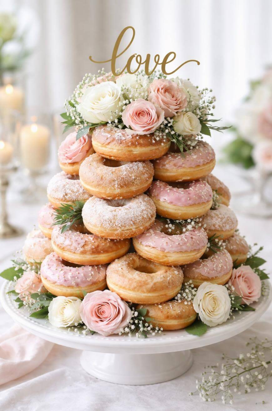 A tiered donut tower decorated with pink icing, powdered sugar, and white and pink roses, with a gold “love” topper, displayed on a white cake stand at an elegant event.