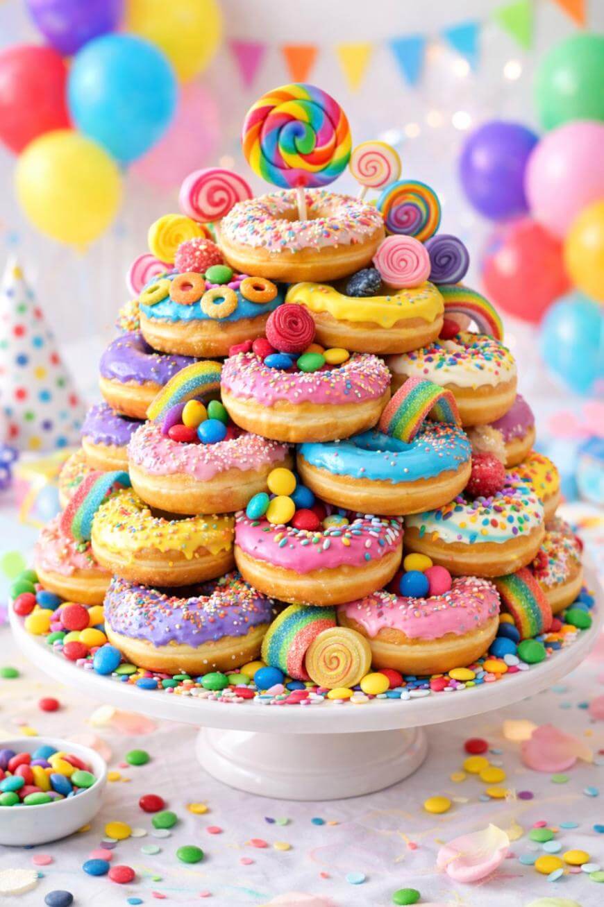 A colorful donut tower decorated with rainbow candy, lollipops, sprinkles, and chocolates sits on a white cake stand. Balloons and party decorations create a festive background.