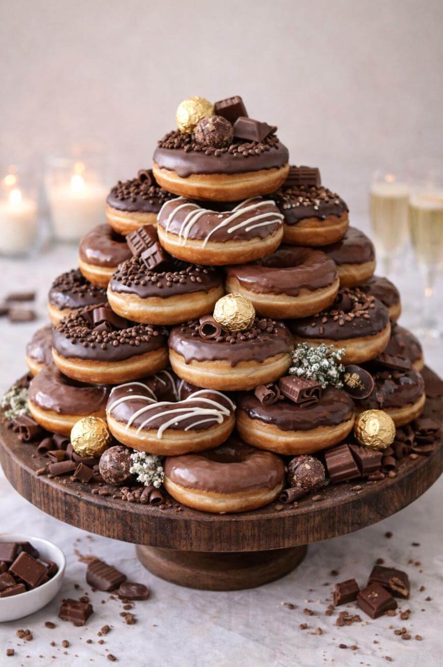 A tiered display of chocolate-glazed donuts stacked in a pyramid, decorated with assorted chocolates, chocolate shavings, gold-wrapped candies, and small white flowers on a wooden cake stand. Candles and glasses are in the background.