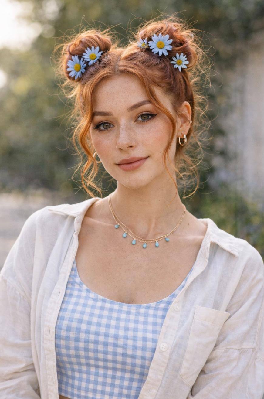 A woman with red hair styled in two space buns adorned with blue daisy flowers, wears a blue-and-white gingham top, white shirt, and gold jewelry, smiling softly outdoors with a blurred green background.