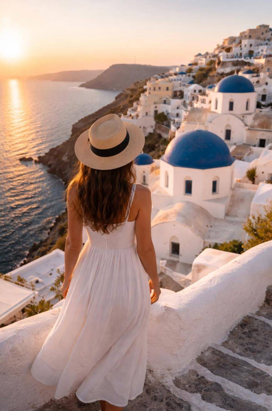A woman in a white dress and sunhat stands on stone steps overlooking the white buildings and blue domes of Santorini, Greece, with the sun setting over the sea in the background.