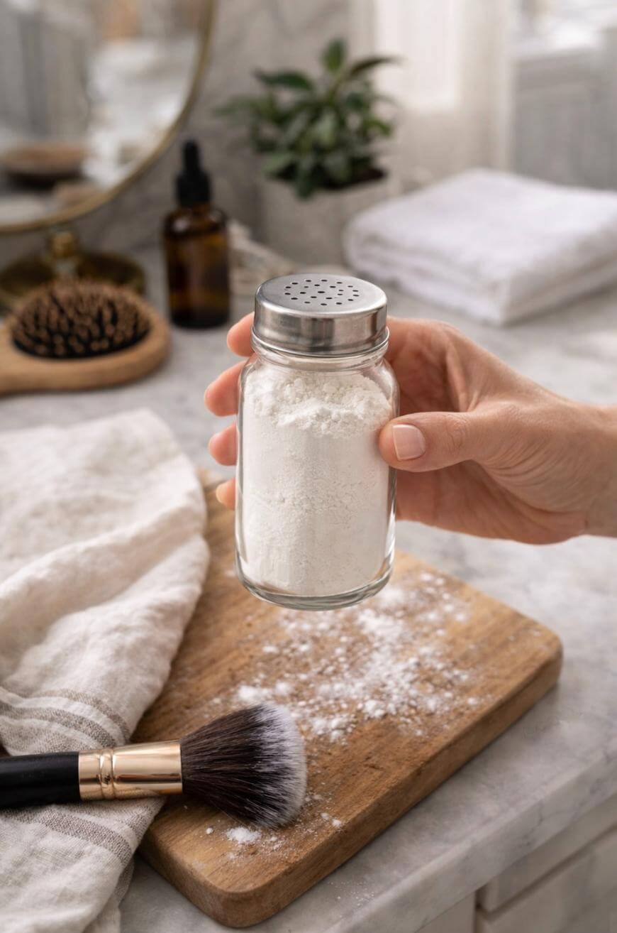 A hand holds a glass shaker filled with white powder, possibly baking soda, over a wooden board with scattered powder. A makeup brush, towel, and grooming items are visible in the background.