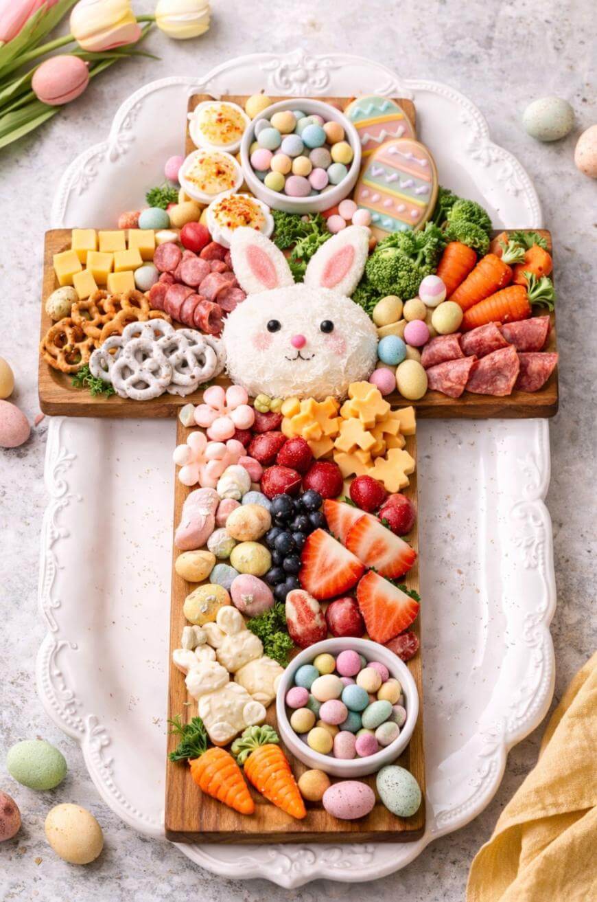 A wooden cross-shaped board holds Easter treats: candies, colorful eggs, cheese, meats, pretzels, vegetables, and fruit. At the center is a bunny-shaped cheese ball with ears, surrounded by spring-themed snacks.