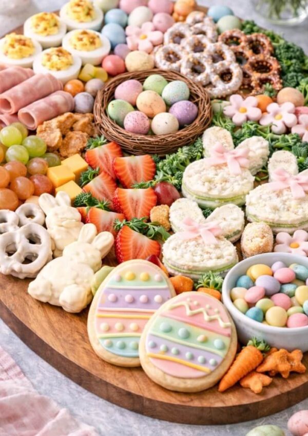 A round wooden board filled with Easter-themed treats, including pastel-colored cookies, candy eggs, deviled eggs, fruit, ham rolls, bunny-shaped sandwiches with pink bows, and chocolate-covered snacks.