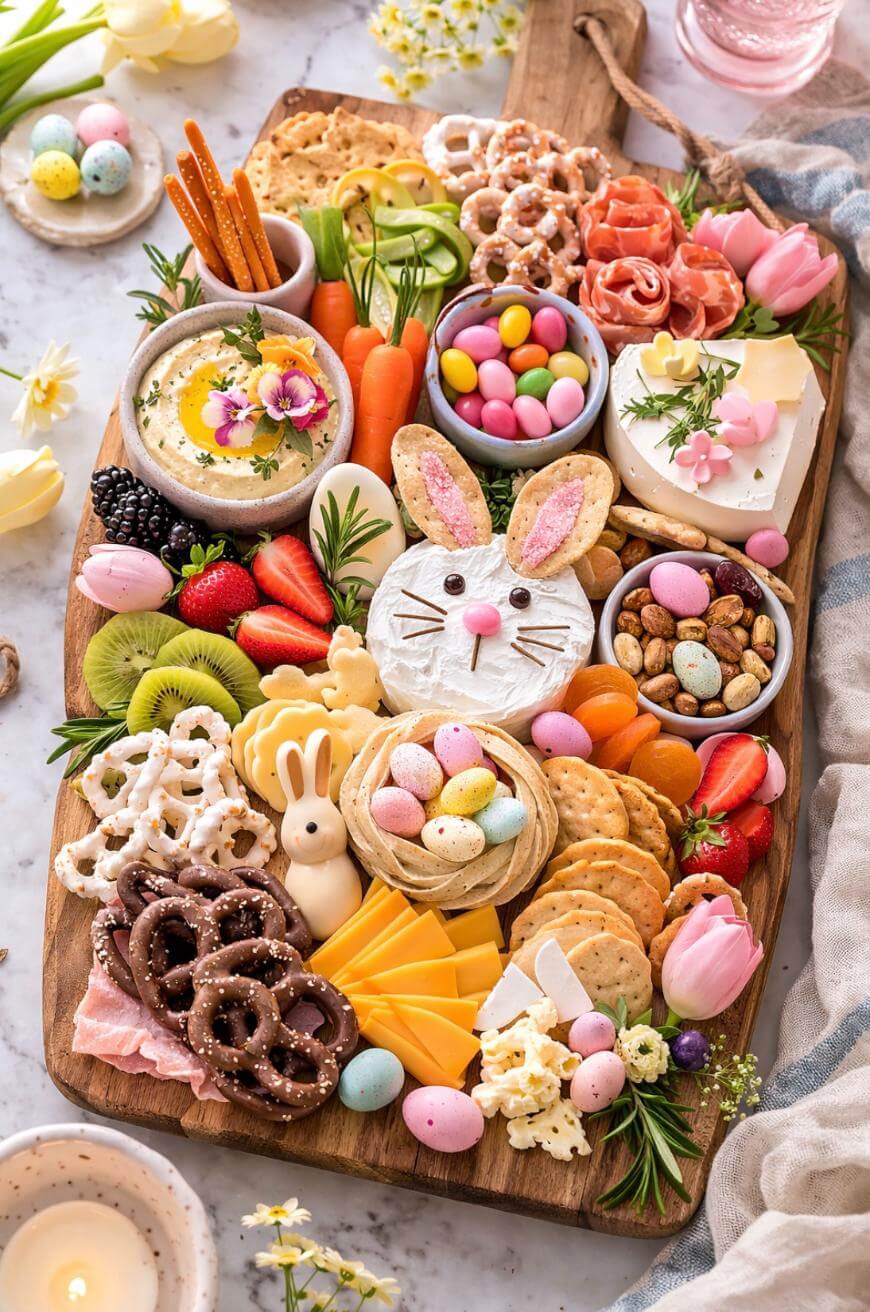 A colorful Easter-themed charcuterie board with cheese, crackers, fruit, nuts, candies, pretzels, hummus, and a bunny-shaped cheese centerpiece, decorated with spring flowers and pastel-colored treats.