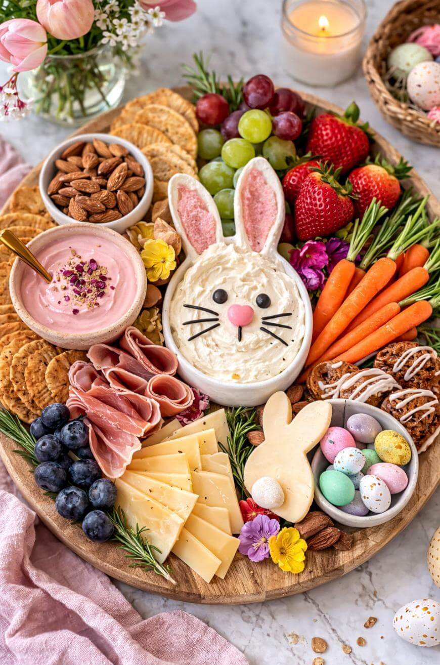 A festive charcuterie board with cheese, crackers, ham, carrots, berries, grapes, nuts, dip, cookies, chocolate eggs, and a central dip decorated as a bunny face with ears, all arranged on a wooden platter.