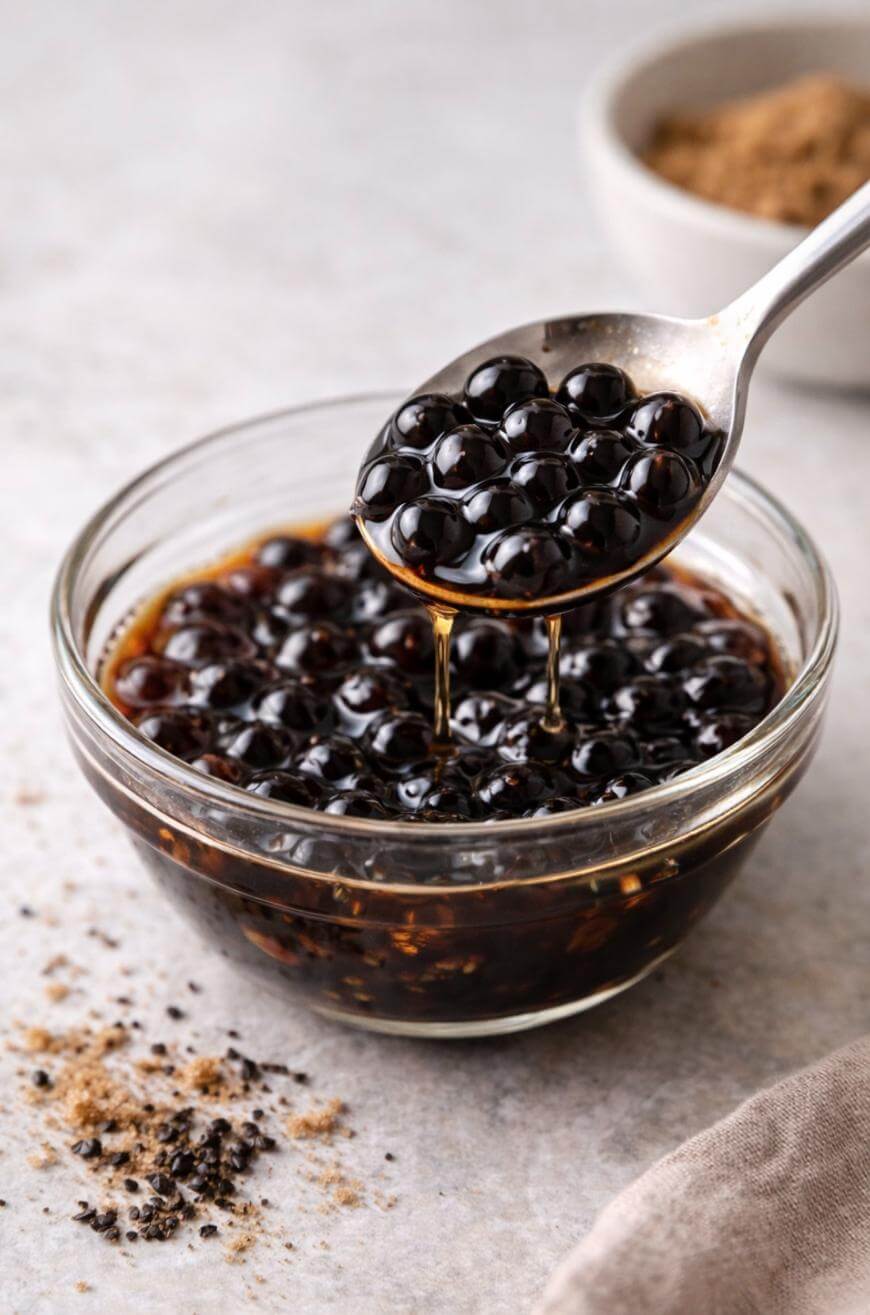 A spoon lifting shiny black tapioca pearls from a glass bowl filled with dark syrup, with a bowl of brown sugar and sugar sprinkled on a light surface in the background.