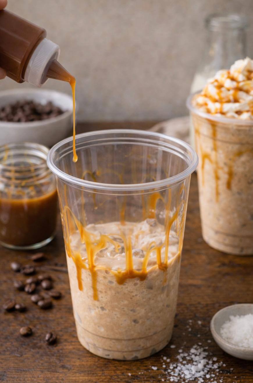 A plastic cup filled with iced coffee is being drizzled with caramel sauce. In the background, there is another blended coffee topped with whipped cream and caramel, plus jars of caramel sauce and chocolate chips on a wooden table.
