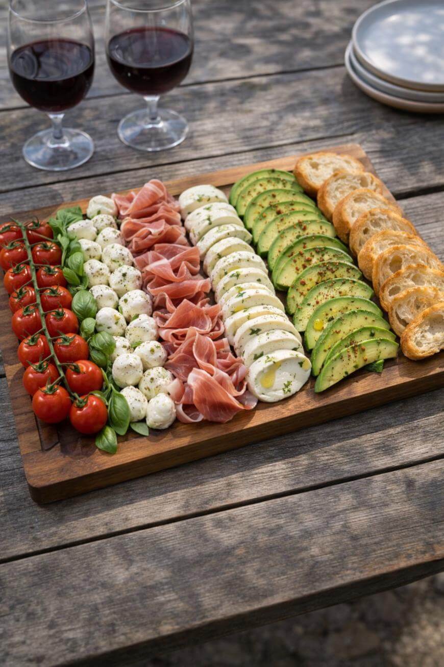 A wooden board displays rows of cherry tomatoes on the vine, mozzarella balls, prosciutto, mozzarella slices, avocado slices, and toasted baguette slices. Two glasses of red wine and stacked plates sit in the background.