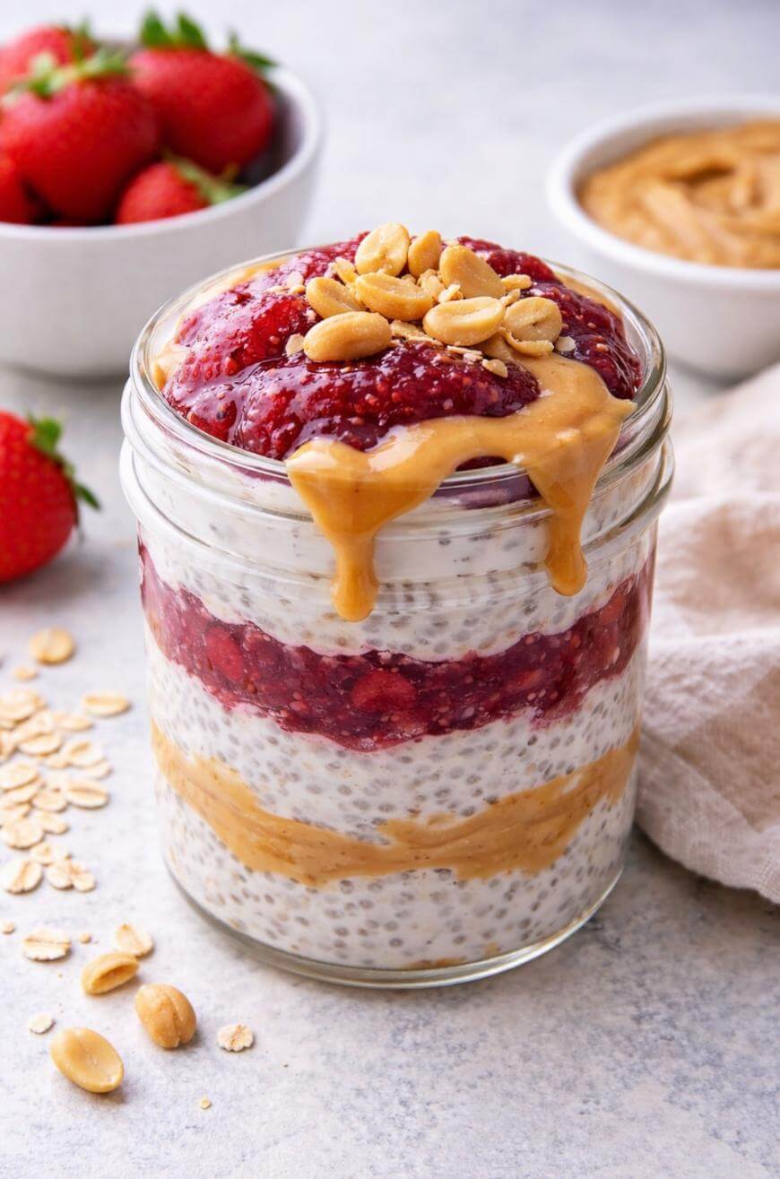 A glass jar filled with layered chia pudding, peanut butter, and strawberry jam, topped with peanut butter, jam, and peanuts. Fresh strawberries, oats, and peanuts are scattered nearby.