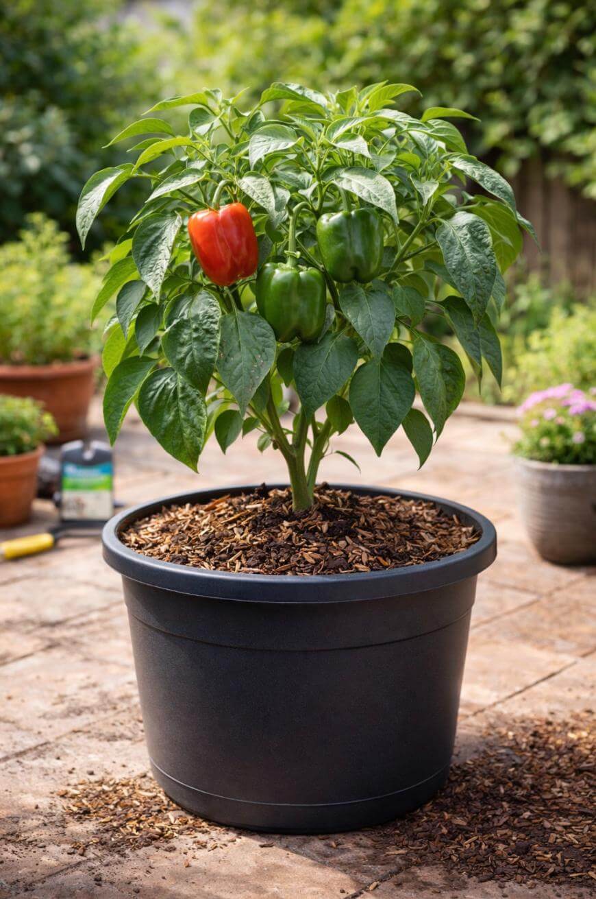 A potted pepper plant with lush green leaves grows outdoors; it has several green bell peppers and one red bell pepper. The plant is in a black container placed on a patio, surrounded by other potted plants.