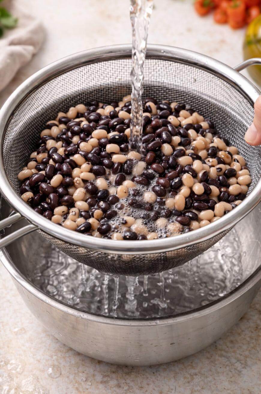Water is being poured over black and white beans in a metal strainer placed above a bowl, rinsing them thoroughly.
