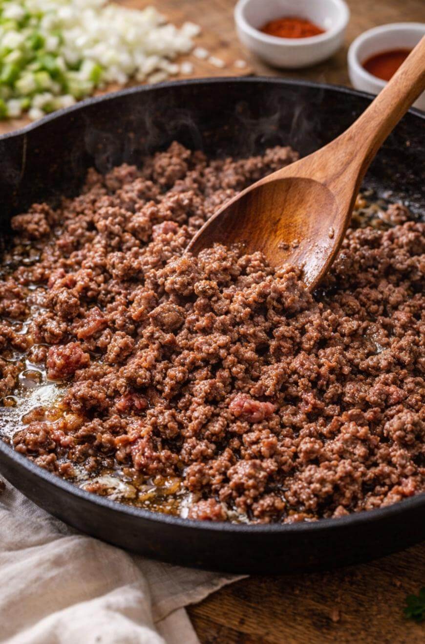 Ground beef being cooked in a black skillet with a wooden spoon. Chopped onions, green peppers, and small bowls of spices are in the background on a wooden surface.