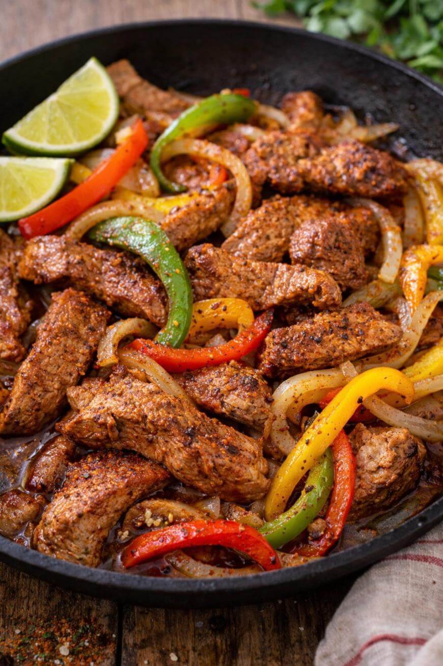 A skillet filled with seasoned beef strips, sautéed onions, and red, green, and yellow bell peppers, garnished with lime wedges on the side.