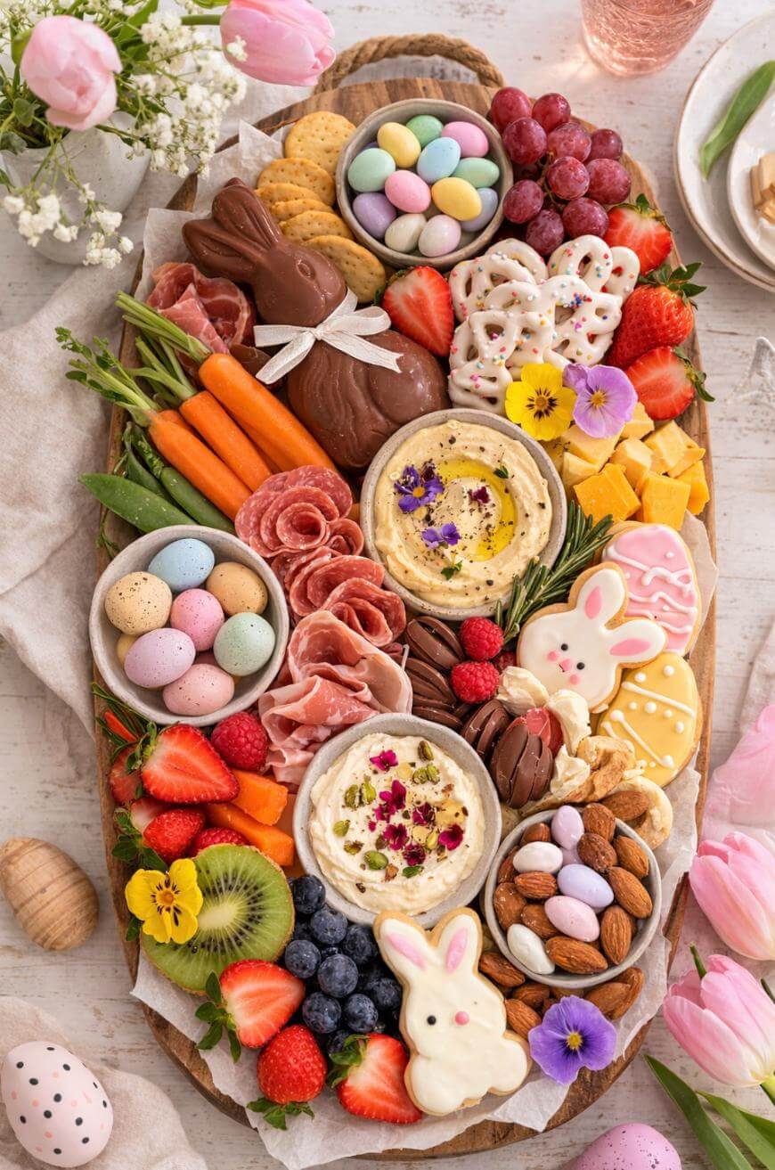 A colorful Easter-themed charcuterie board with chocolate bunnies, pastel candy eggs, bunny-shaped cookies, crackers, cheeses, meats, dips, and assorted fresh fruits, garnished with flowers and surrounded by pink tulips.