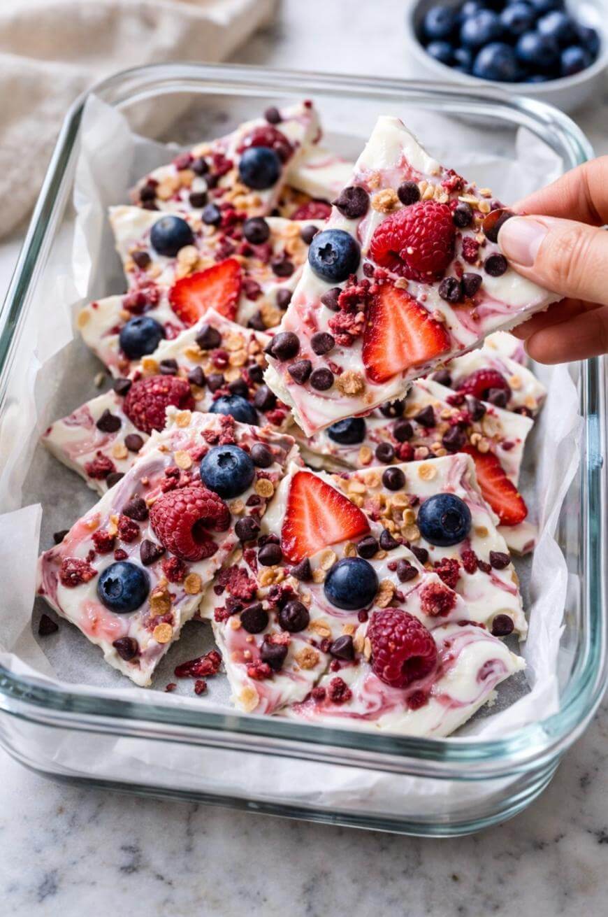 A glass container filled with pieces of yogurt bark topped with fresh strawberries, blueberries, raspberries, granola, and chocolate chips. A hand is picking up one piece. A bowl of blueberries is in the background.