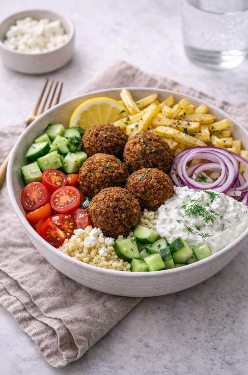 A bowl filled with falafel, sliced cucumbers, cherry tomatoes, red onion, French fries, lemon, couscous, and a dollop of tzatziki sauce, garnished with herbs, and placed on a beige cloth.