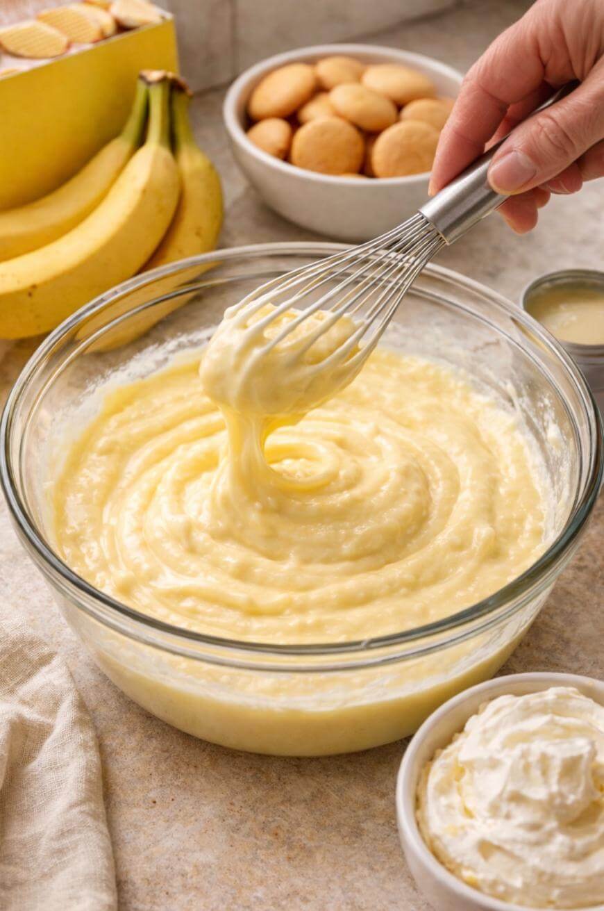 A hand using a whisk to mix creamy banana pudding in a glass bowl, with bananas, vanilla wafers, whipped cream, and a small bowl of pudding ingredients nearby on a kitchen counter.