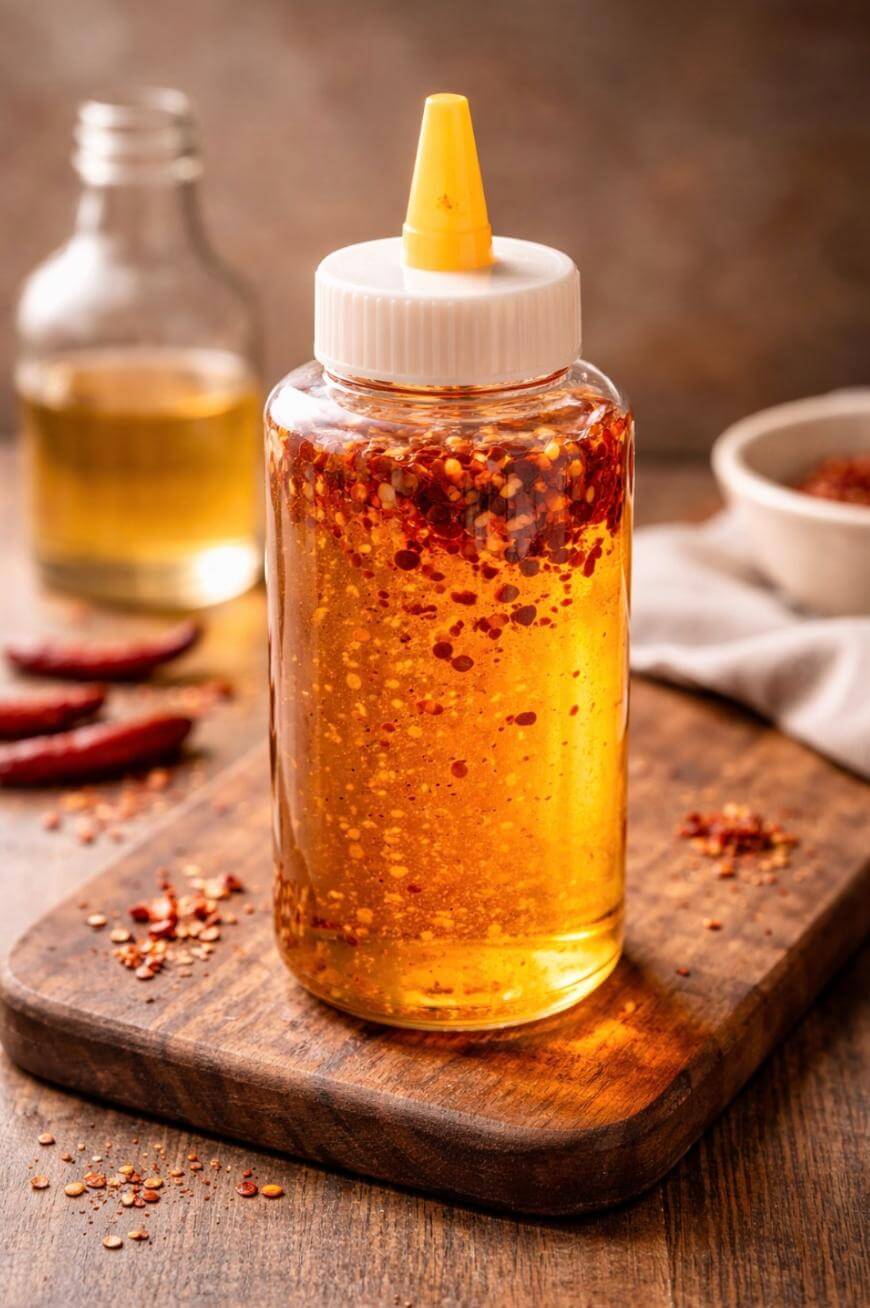 A plastic squeeze bottle filled with chili oil sits on a wooden board. Visible chili flakes are suspended in the oil. In the background, there is a glass bottle and a small bowl with more chili flakes.