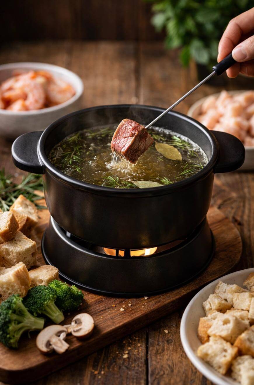 A hand dips a piece of beef on a skewer into a black fondue pot filled with broth. Surrounding the pot are bowls of bread cubes, broccoli, mushrooms, and raw meat on a rustic wooden table.