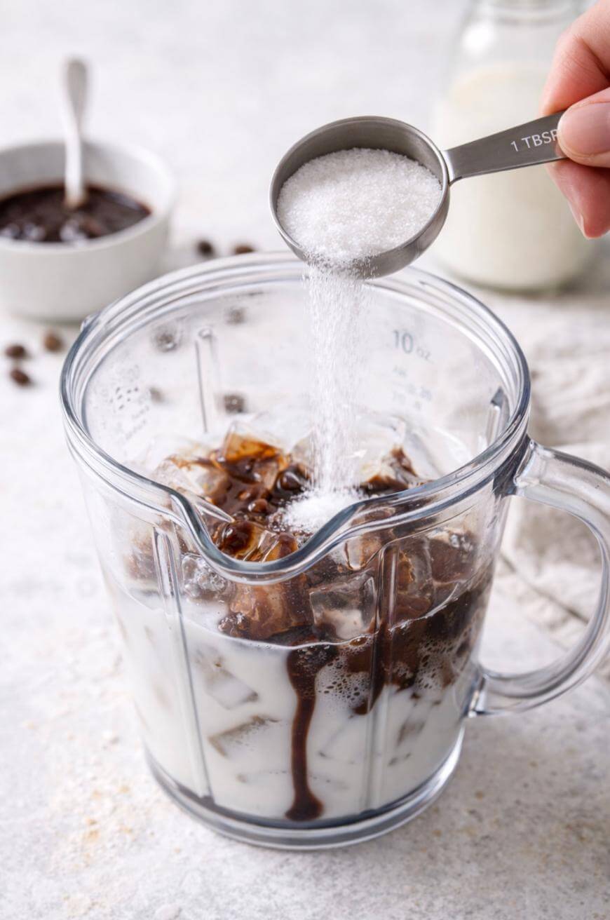 A hand pours a tablespoon of granulated sugar into a blender filled with milk, ice, and coffee, with a bowl of coffee syrup and a bottle of milk in the background.
