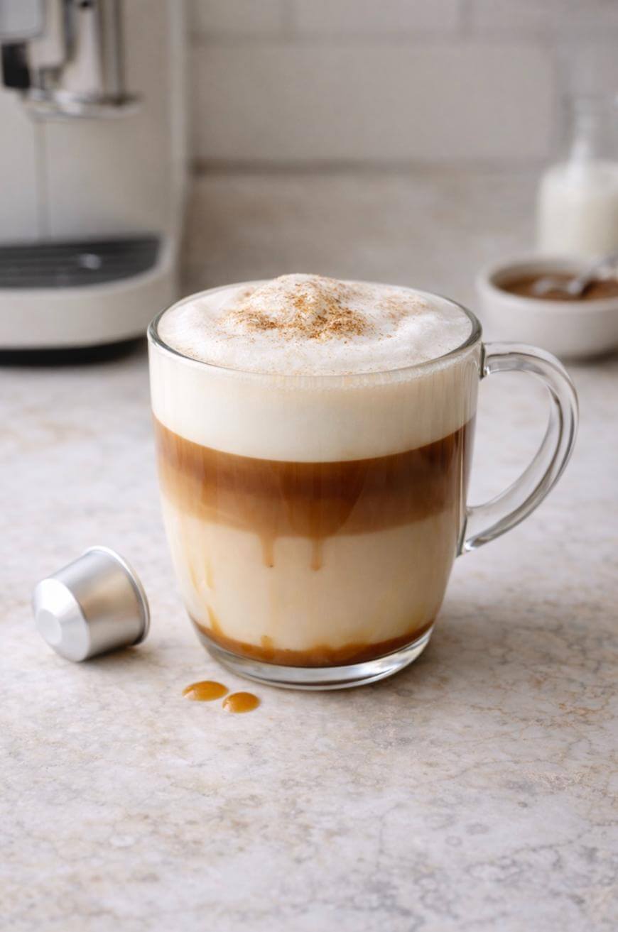 A clear glass mug filled with a layered cappuccino topped with foamy milk and sprinkled cinnamon sits on a marble counter near a coffee capsule and an espresso machine.