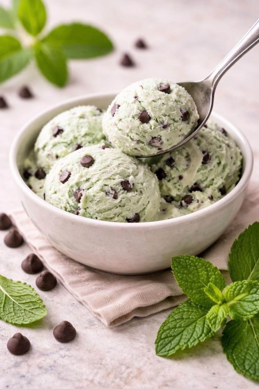 A bowl of mint chocolate chip ice cream garnished with fresh mint leaves, with a spoon scooping a serving. Chocolate chips are scattered on the table next to the bowl.