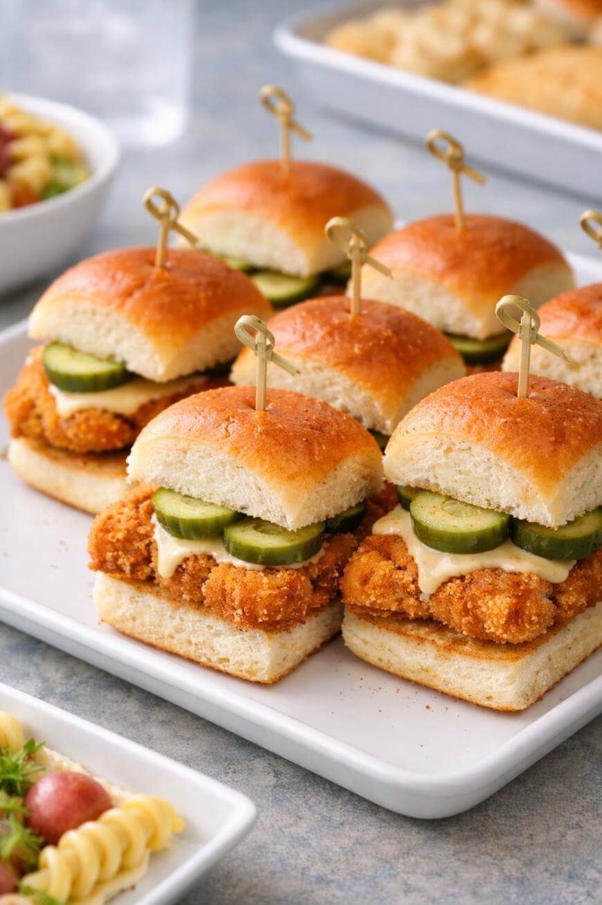 A white platter of crispy chicken sliders topped with sliced pickles and sauce, each held together with a decorative toothpick. The sliders are arranged in neat rows on a table with other dishes in the background.