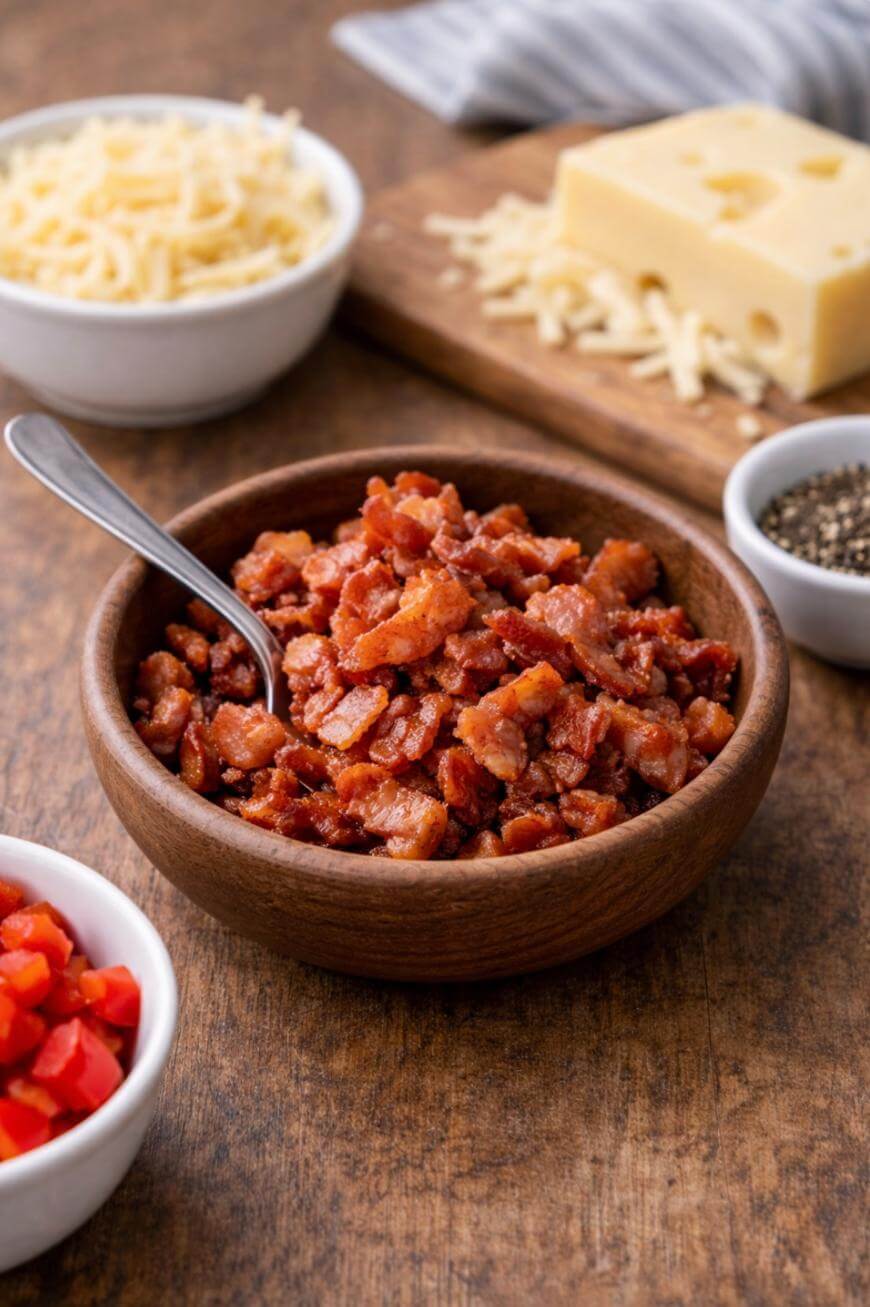 A wooden bowl filled with crispy bacon bits and a spoon, surrounded by small bowls of shredded cheese, chopped red peppers, and ground black pepper on a wooden table. A block of cheese sits on a cutting board in the background.