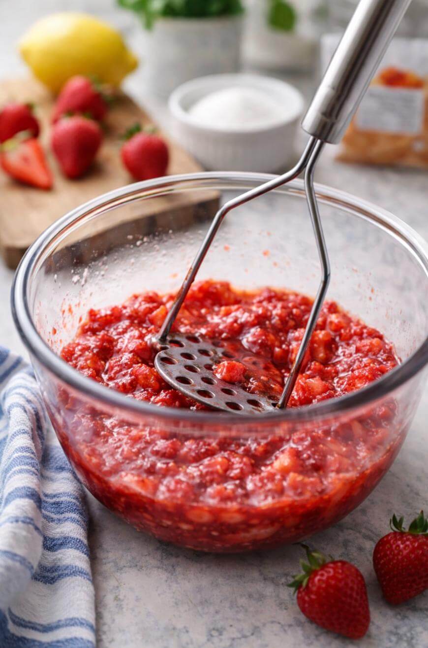 A glass bowl filled with mashed strawberries is being pressed with a metal potato masher. Whole strawberries, a lemon, sugar, and a cutting board are in the background on a light countertop. A blue-striped towel is nearby.