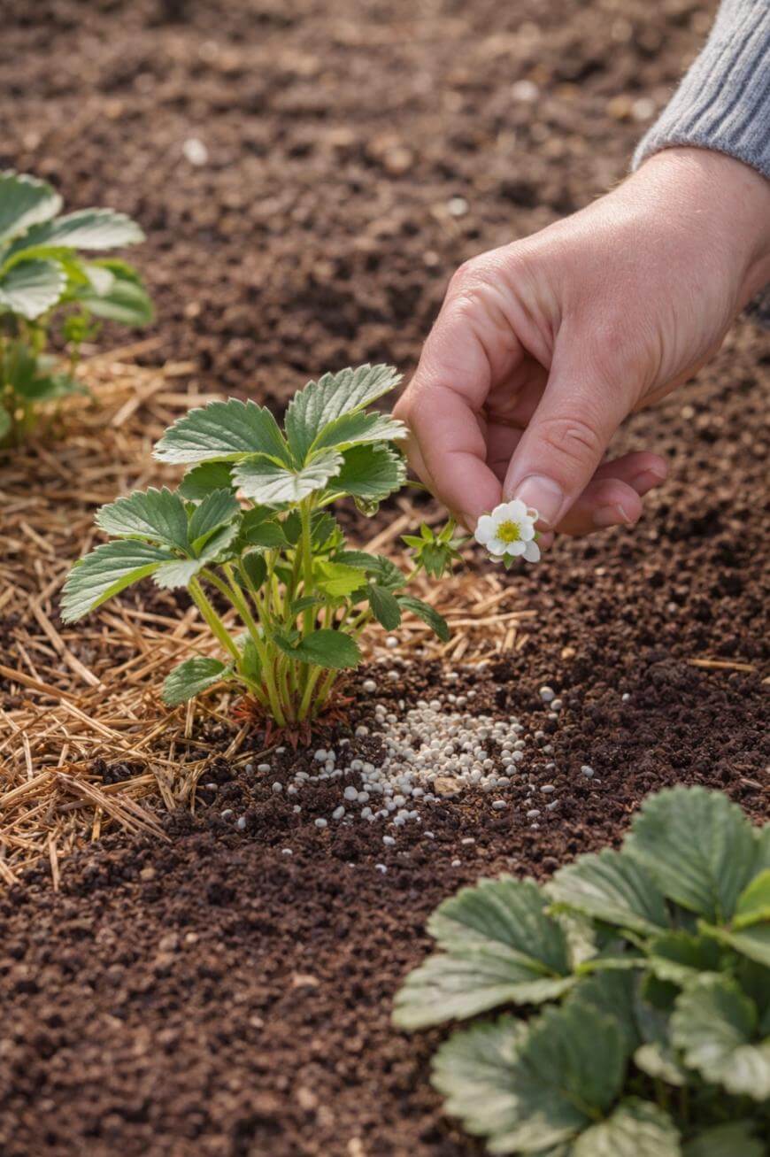 A hand holds a small white strawberry blossom above a young strawberry plant growing in soil, with fertilizer granules scattered around the base of the plant.