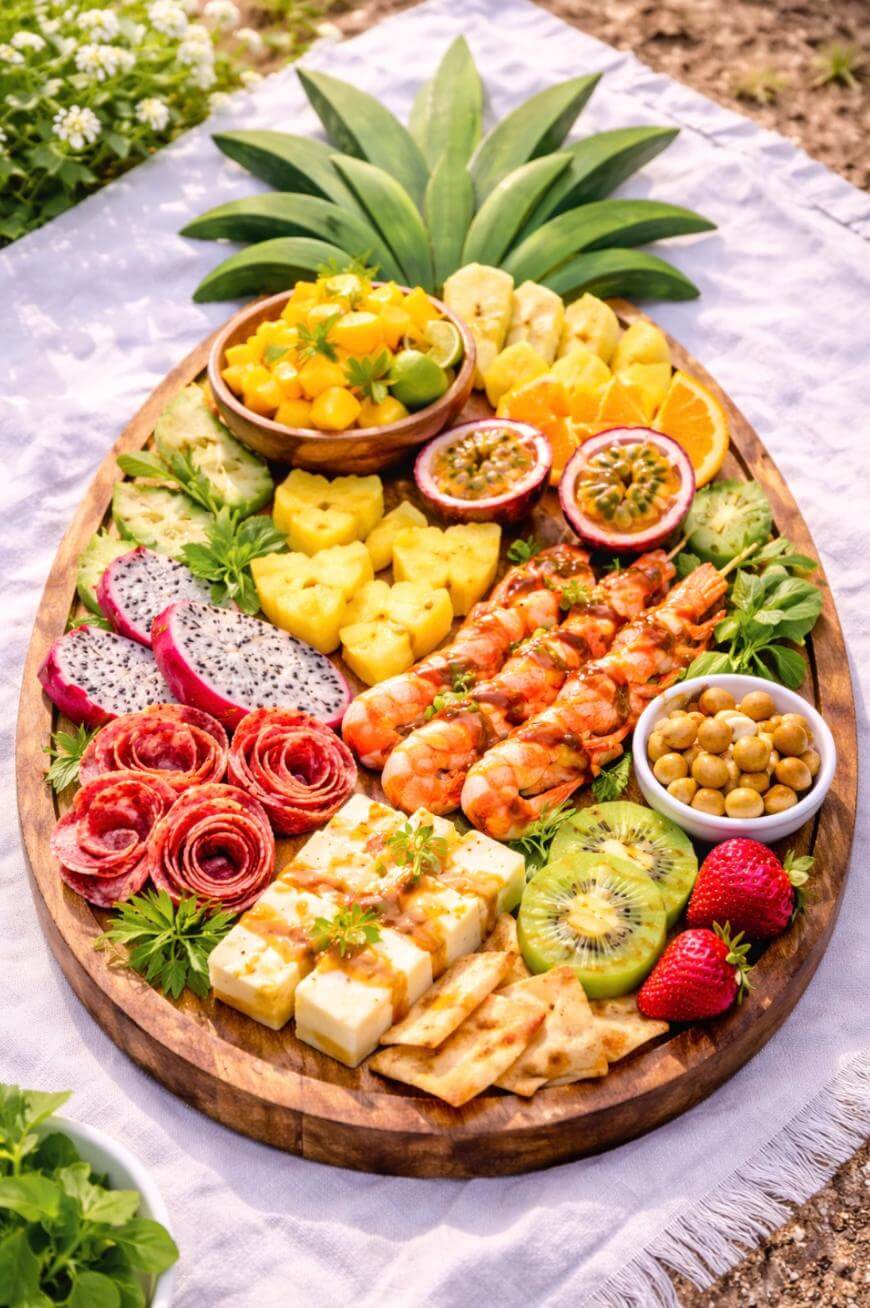 A vibrant platter with grilled shrimp, assorted cheeses, crackers, dragon fruit, kiwi, pineapple, strawberries, olives, mango, passionfruit, and salami roses, arranged on a wooden board atop a white cloth.