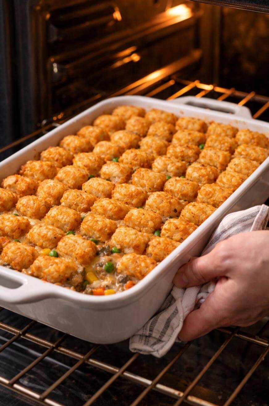 A person places a white casserole dish filled with tater tot hotdish—golden tater tots on top of a creamy vegetable and meat filling—into an oven using a striped kitchen towel.