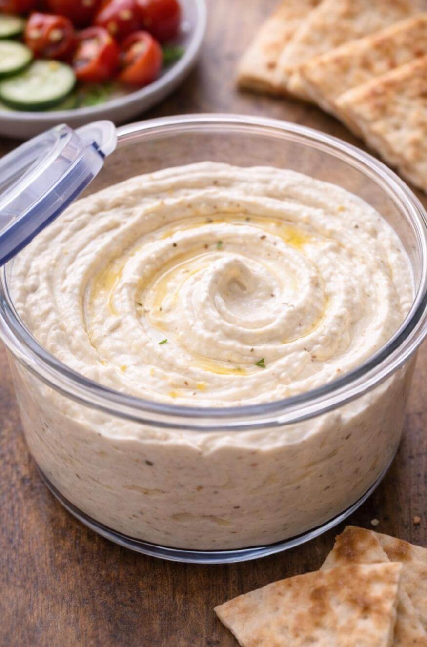 A clear round container filled with creamy hummus, drizzled with olive oil, sits on a wooden surface. Pieces of pita bread and a plate of sliced cucumbers and cherry tomatoes are nearby.