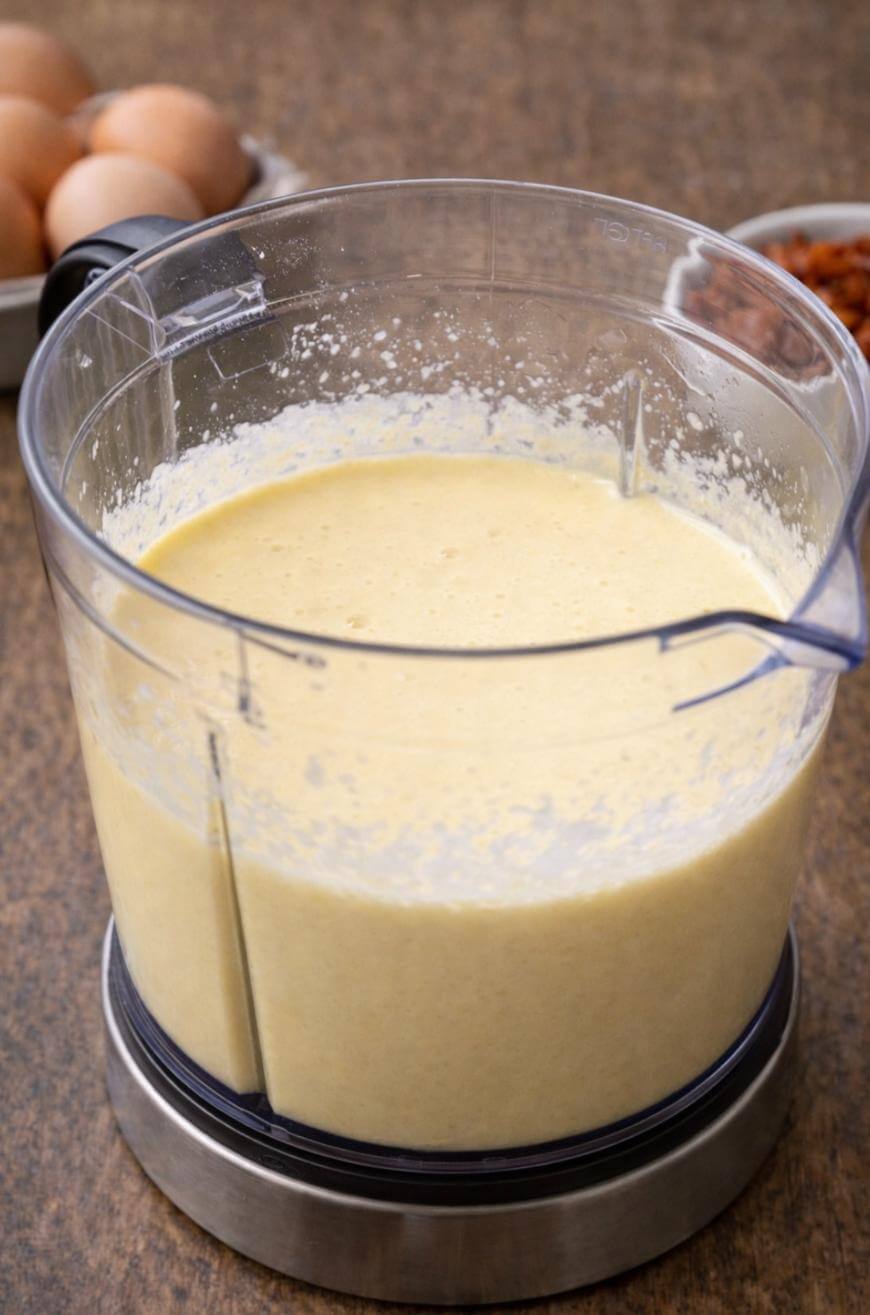 A clear food processor bowl filled with a creamy yellow batter sits on a brown surface. In the background, there is a bowl of eggs and a small dish of nuts, both slightly out of focus.