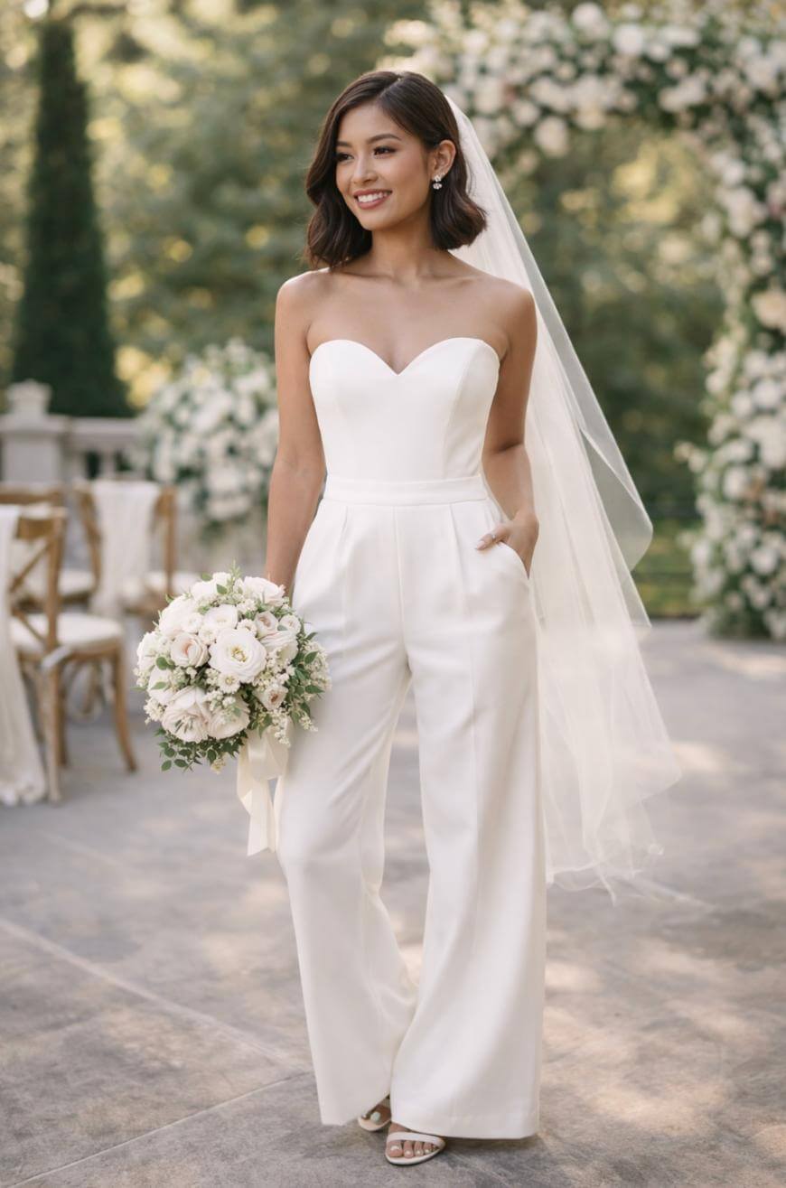 A bride wearing a strapless white jumpsuit and veil stands outdoors holding a bouquet of white flowers, smiling. Floral arches and chairs are visible in the background.