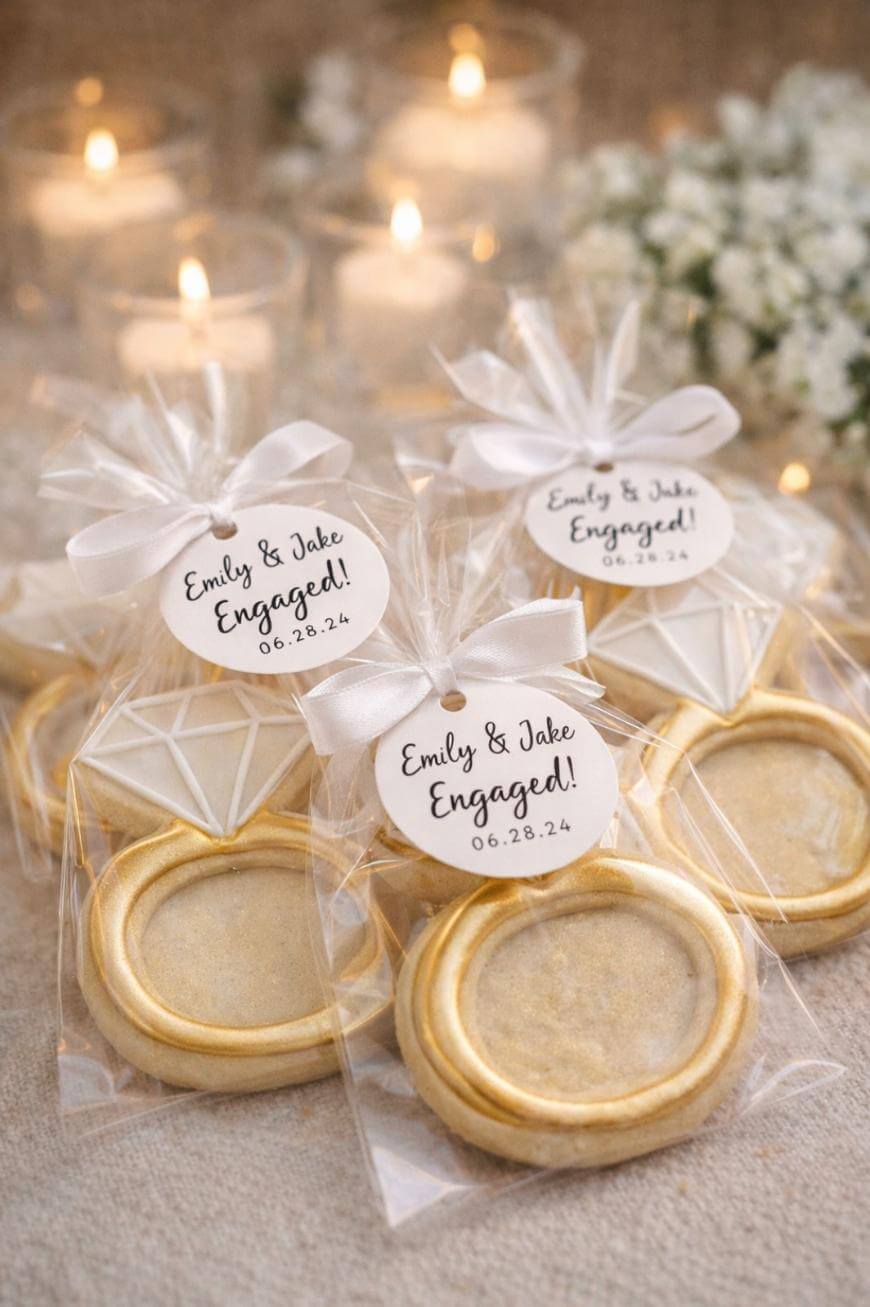Individually wrapped cookies shaped like diamond rings with gold accents, each tied with a white ribbon and a tag reading “Emily & Jake Engaged! 06.28.24.” Candles and white flowers are blurred in the background.