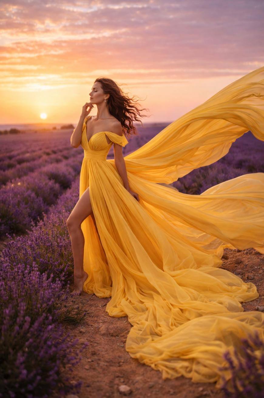 A woman in a flowing yellow gown stands in a blooming lavender field at sunset, with her dress billowing dramatically in the wind and the sky glowing with warm colors.