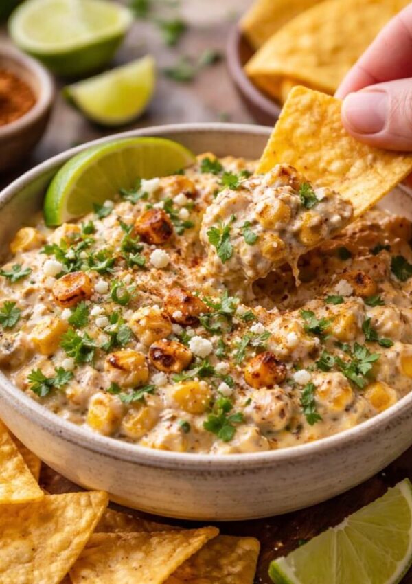 A hand dips a tortilla chip into a bowl of creamy, cheesy Mexican street corn dip topped with roasted corn, chopped cilantro, and crumbled cheese. Lime wedges and more chips are visible on the table.