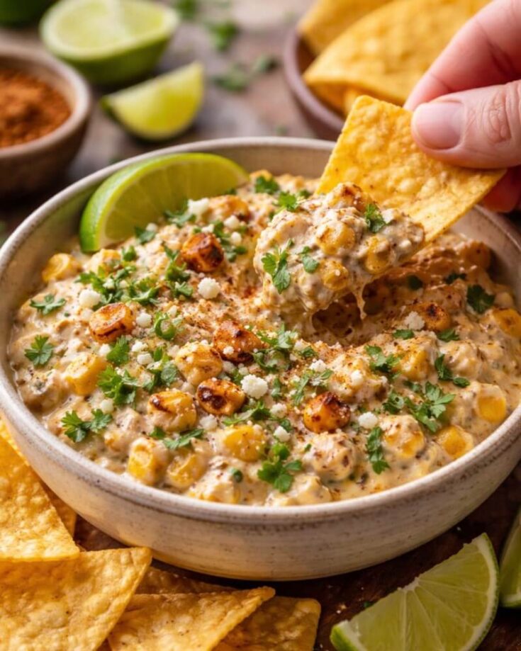 A hand dips a tortilla chip into a bowl of creamy, cheesy Mexican street corn dip topped with roasted corn, chopped cilantro, and crumbled cheese. Lime wedges and more chips are visible on the table.