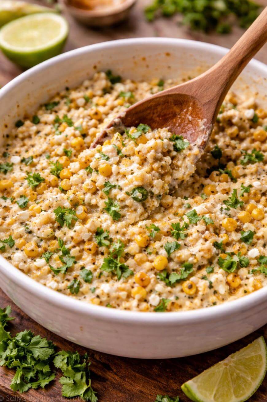 A bowl of creamy Mexican street corn salad with corn kernels, chopped herbs, and cheese, being stirred with a wooden spoon. Fresh lime and cilantro garnish are visible nearby.
