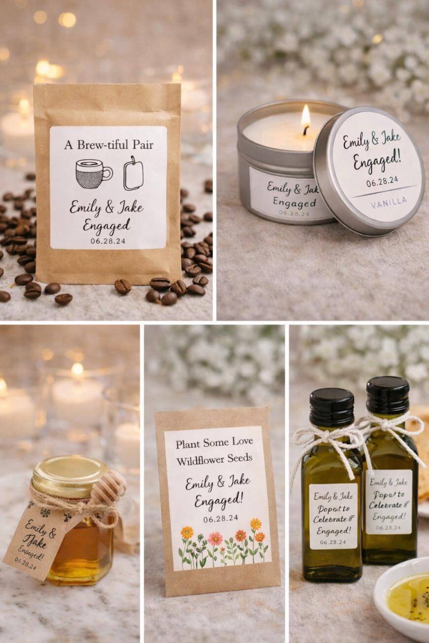 A collage of five personalized engagement party favors: coffee beans, a candle, a honey jar, wildflower seeds, and olive oil bottles, each labeled with “Emily & Jake Engaged! 06.28.24” on rustic backgrounds.