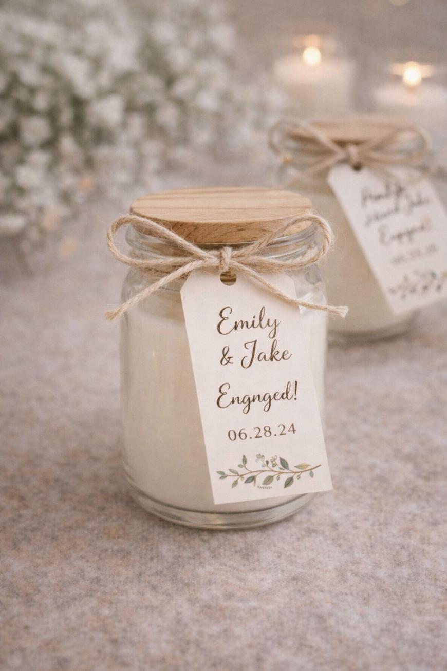 A glass jar candle with a wooden lid and twine bow, featuring a tag that reads Emily & Jake Engaged! 06.28.24 with a floral design. Another similar jar and babys breath flowers are in the background.