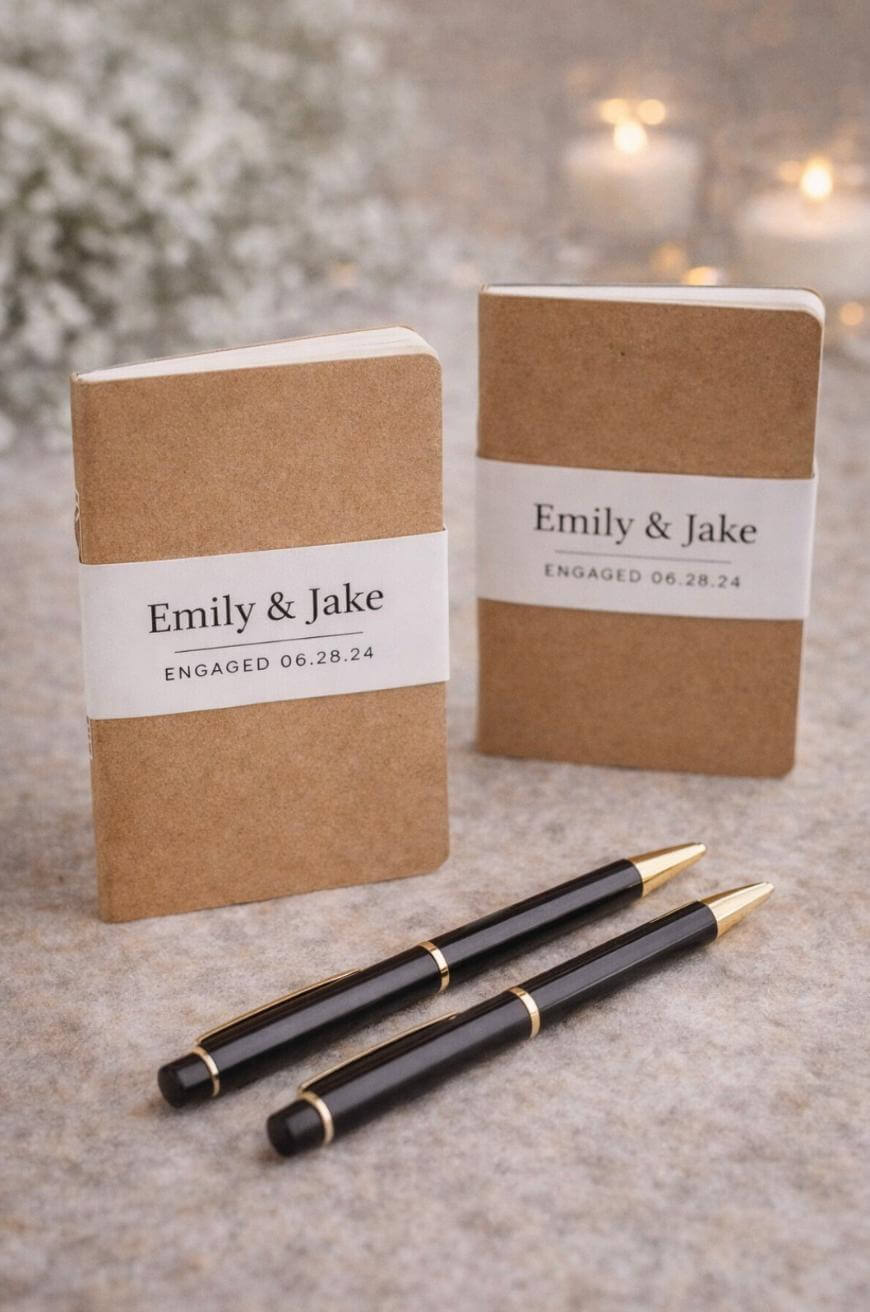 Two brown notebooks with white labels reading “Emily & Jake Engaged 06.28.24” stand upright on a soft surface, with two black pens in front and blurred lights and flowers in the background.
