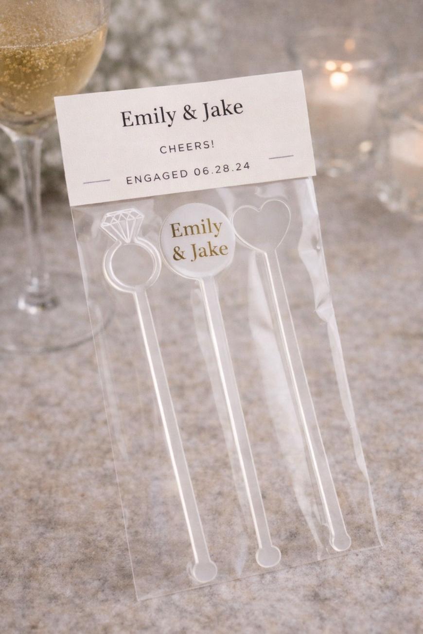 A set of three clear drink stirrers in a plastic sleeve, labeled Emily & Jake. CHEERS! Engaged 06.28.24. The stirrers have ring, circle, and heart shapes on top. A champagne glass and candles are in the background.