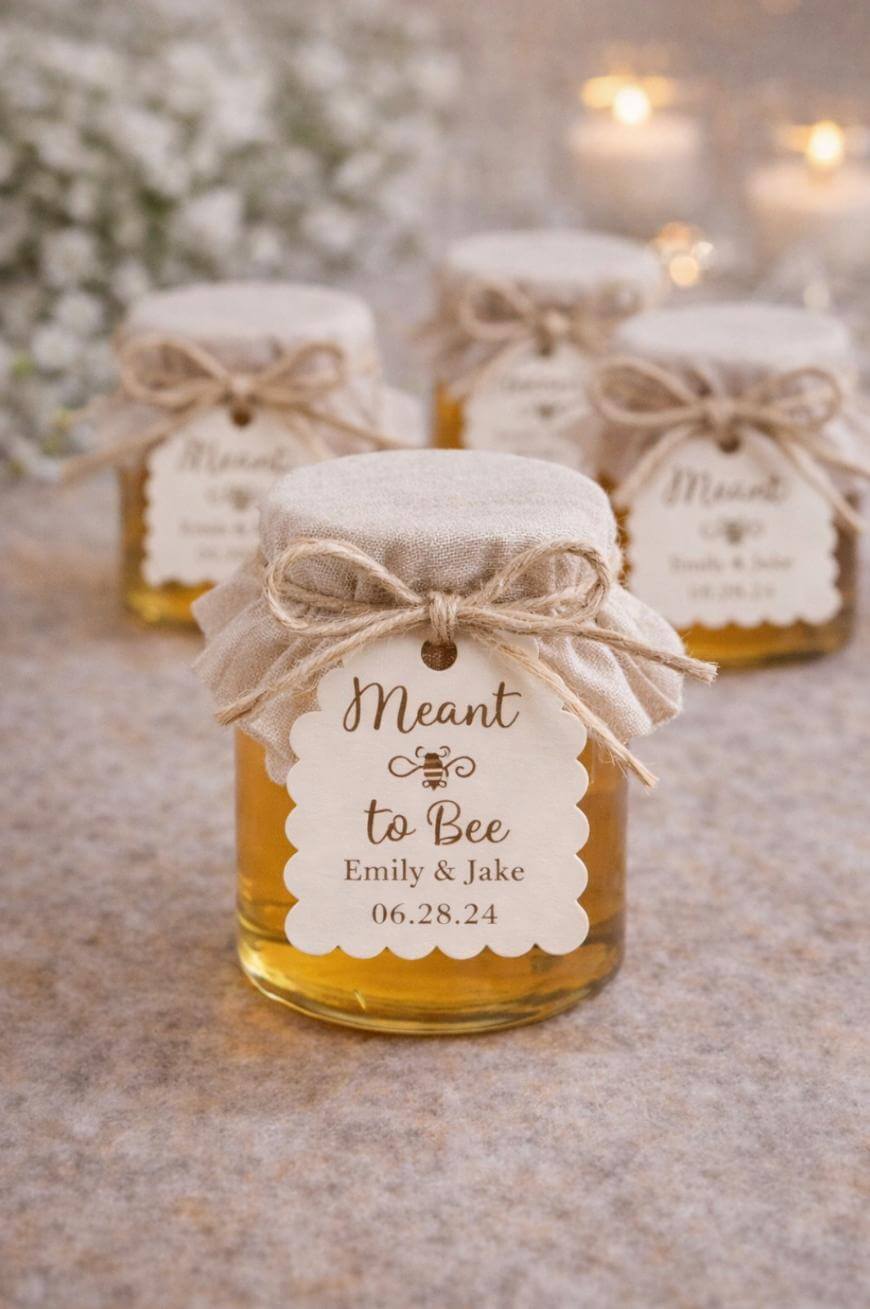 A small glass jar of honey with a rustic cloth lid and twine bow, labeled Meant to Bee, Emily & Jake, 06.28.24. Similar jars are blurred in the background, suggesting wedding favors.