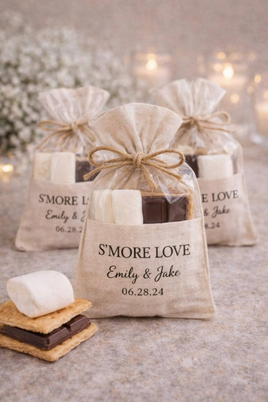 Three small burlap bags labeled SMORE LOVE Emily & Jake 06.28.24 are filled with marshmallows, chocolate, and graham crackers. One smore is assembled in front. Soft lights and flowers are in the blurred background.